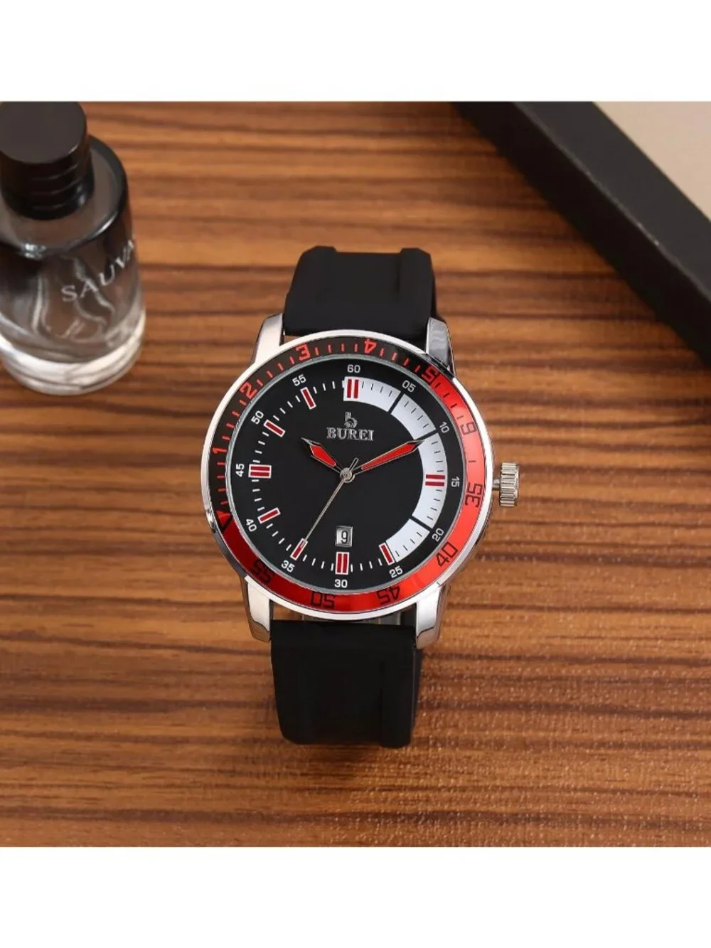 Men's Black Red Analog Quartz Silicone Waterproof Geometric Design Classic Watch